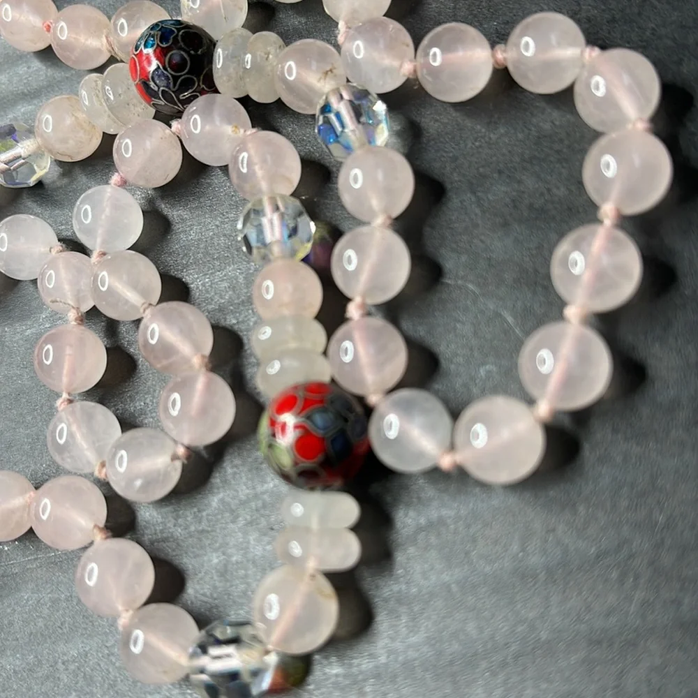 Pink Rose Quartz Beaded Necklace w Cloisonne & Aurora Borealis Accent Be…
